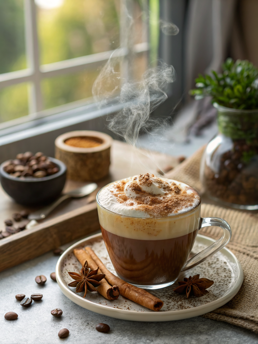 dos tazas de café caliente con espuma cremosa de leche, canela espolvoreada y una rama de canela al lado