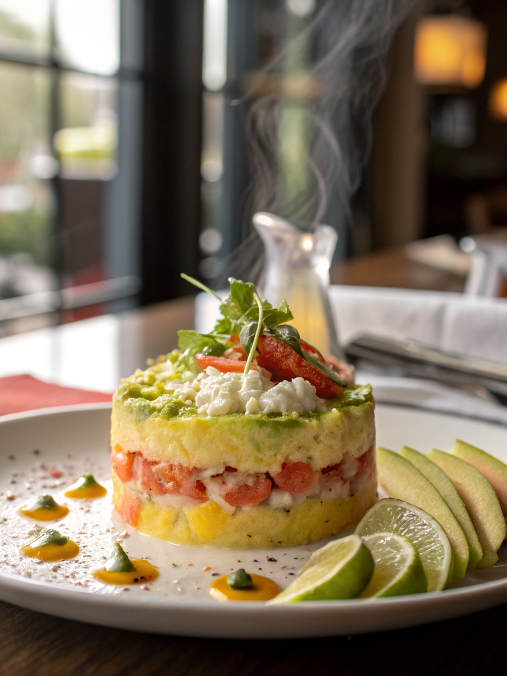 causa limeña en capas servida sobre hojas de lechuga con huevo duro, aceitunas negras y perejil fresco