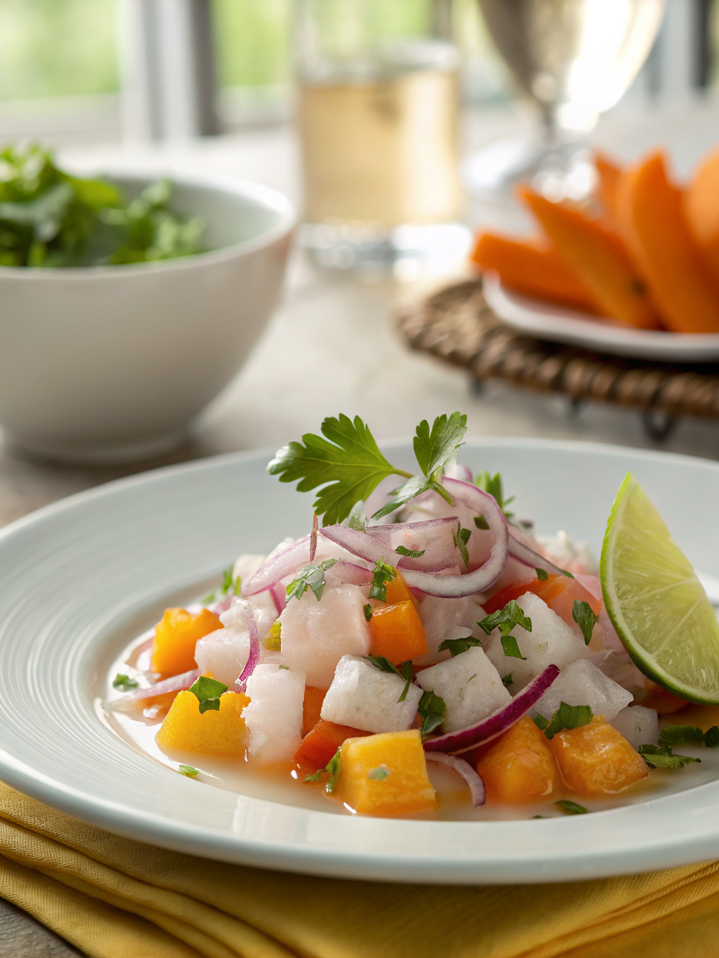 plato de ceviche peruano con cubos de pescado blanco, cebolla roja, ají, cilantro, camote y choclo sobre hojas de lechuga