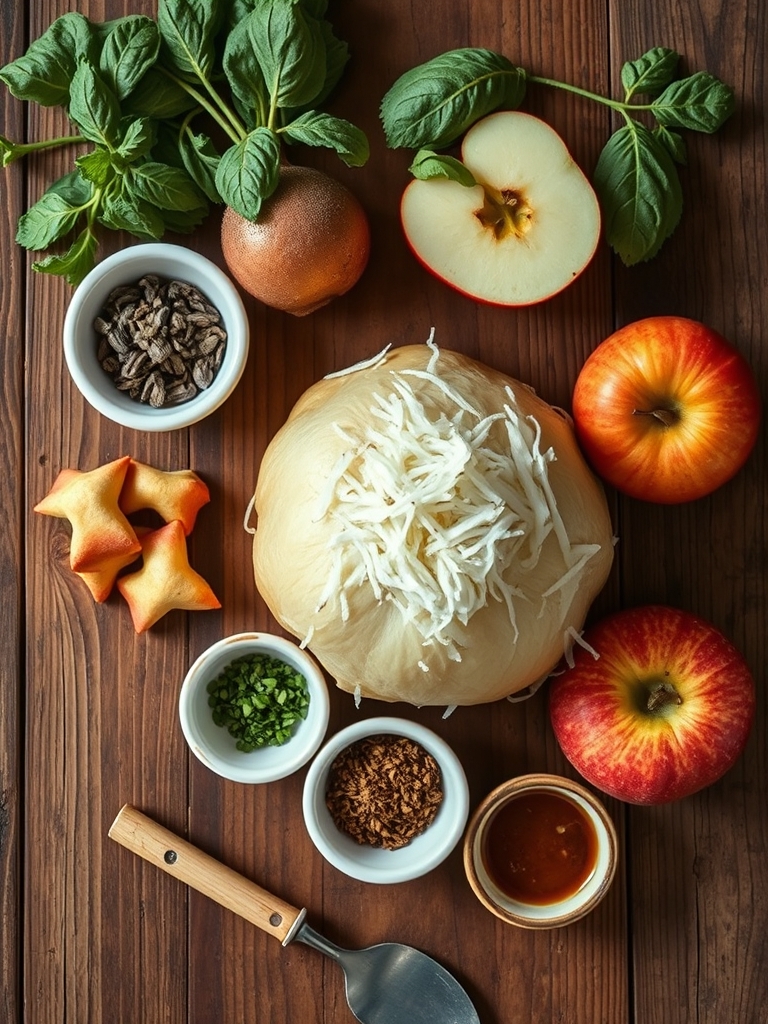 chucrut escurrido, manzanas laminadas, cebolla, sidra, caldo, comino y perejil colocados sobre una mesa de cocina