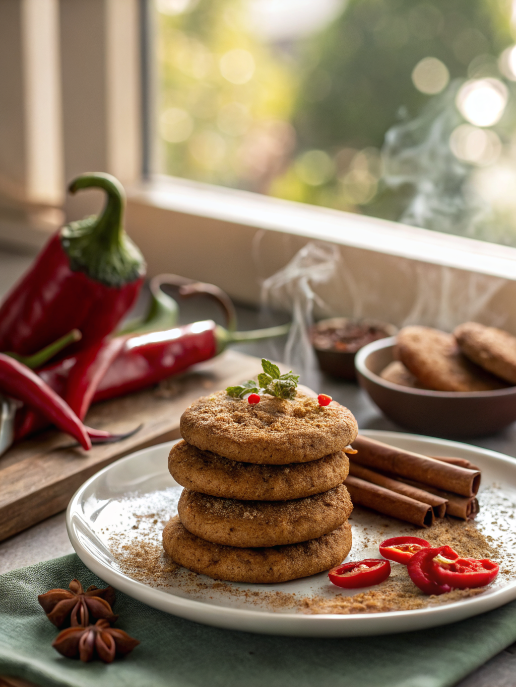 galletas doradas con grietas suaves, trozos de chocolate negro y azúcar con canela sobre una bandeja de horno