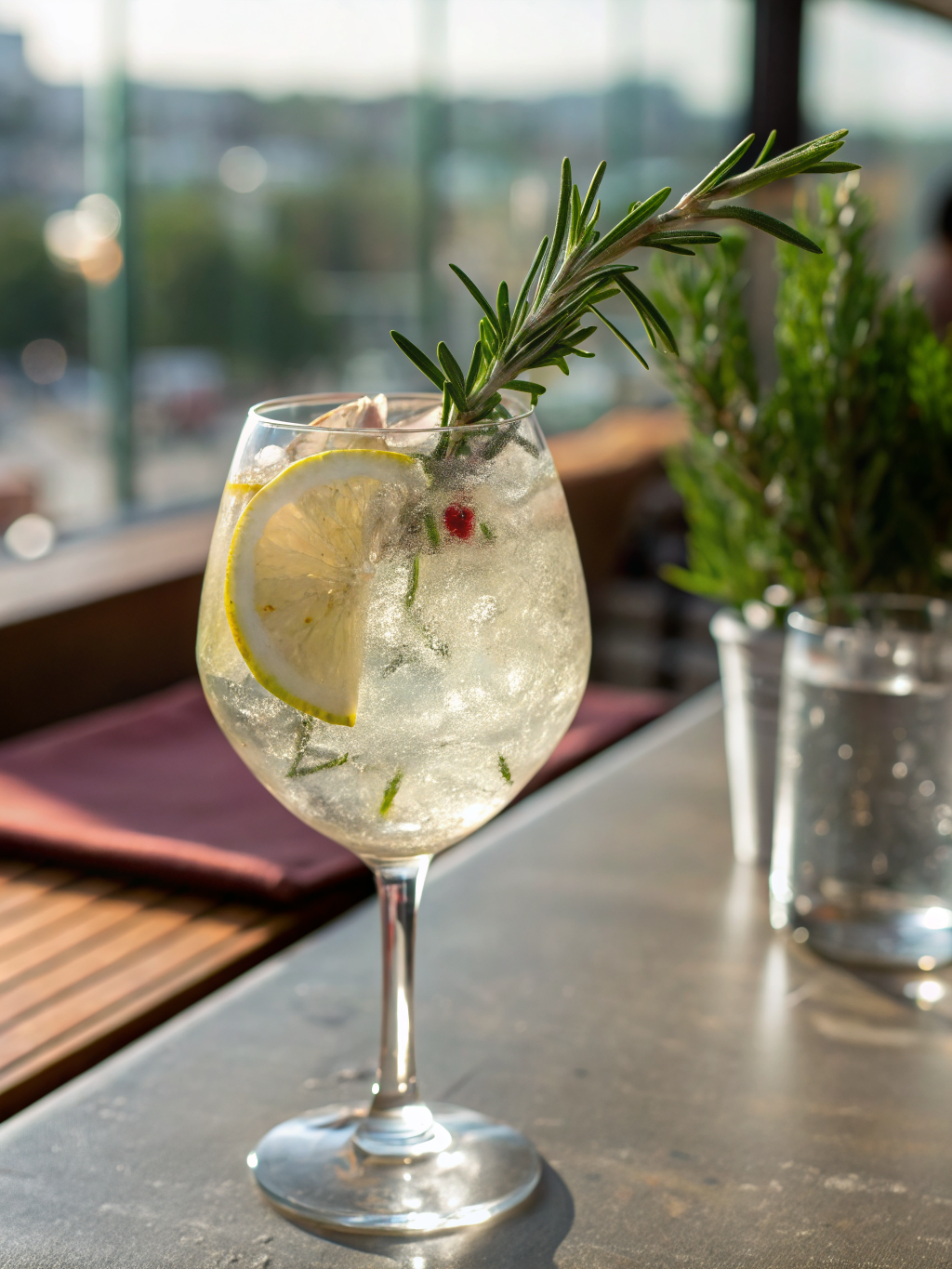 dos copas balón con gin tonic sin alcohol, hielo grande, ramitas de romero, pepino y piel de lima sobre una mesa clara