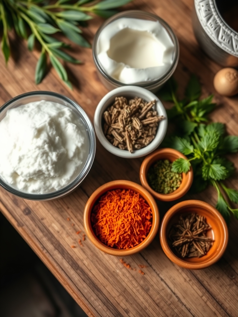 frasco de vidrio con agua de coco, leche de coco, nódulos de kéfir, azúcar de coco, limón y sal sobre una mesa clara