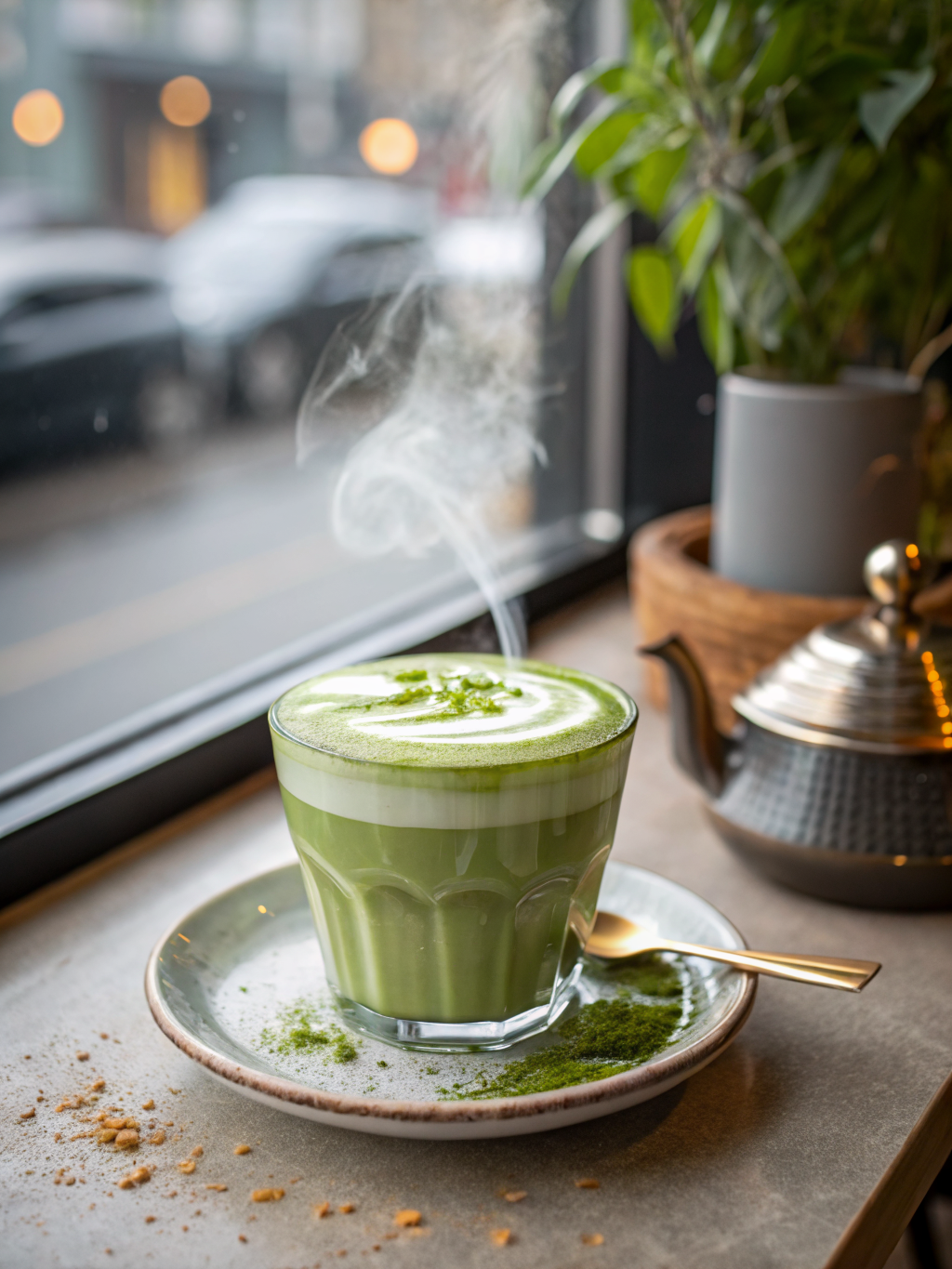 dos tazas transparentes con latte verde de matcha, espuma blanca de coco encima y polvo de matcha sobre una mesa clara