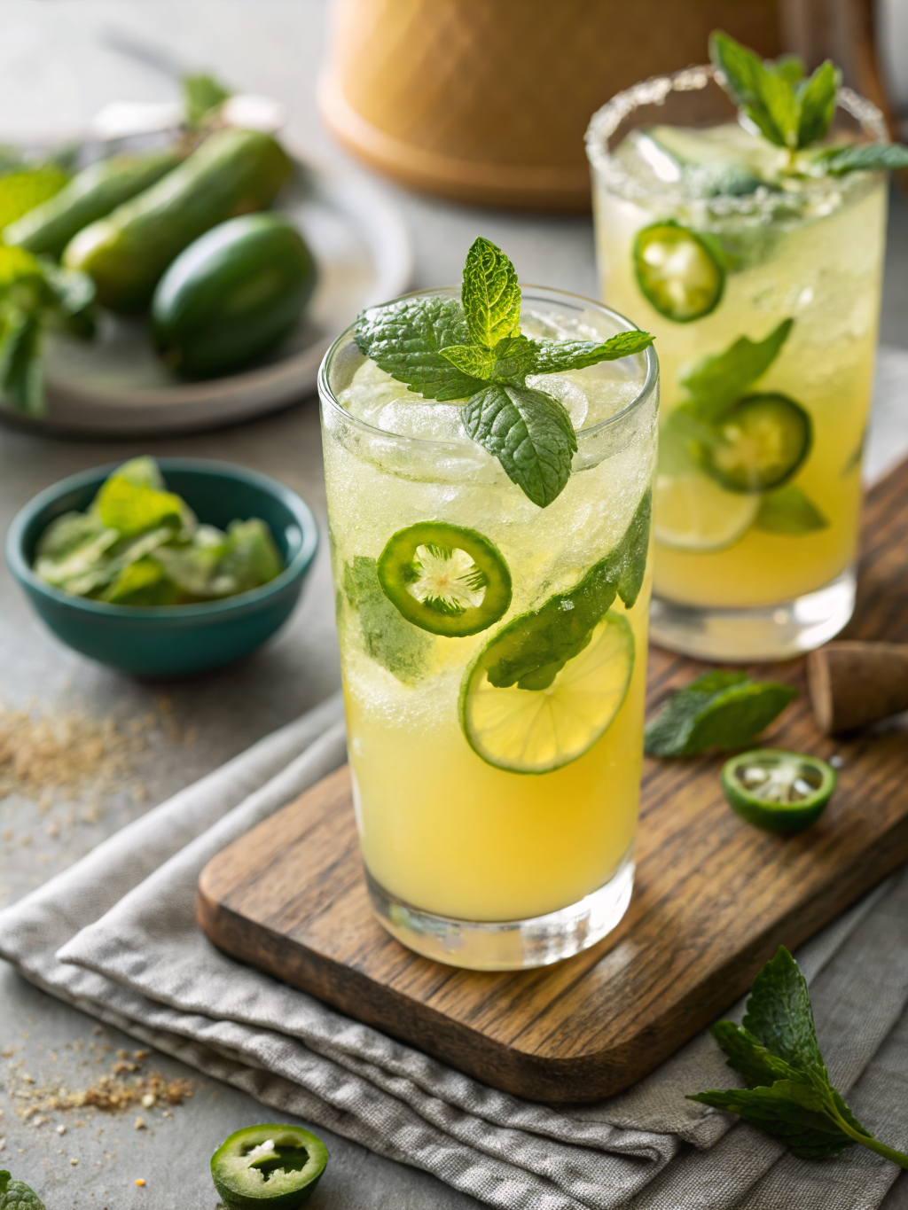 jarra de limonada fría con rodajas de jalapeño, hojas de menta fresca, limones cortados y vasos con hielo sobre una mesa clara