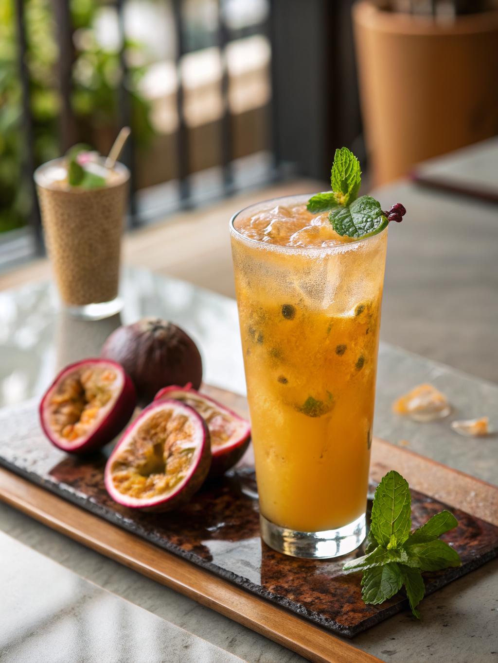 vasos altos con mocktail amarillo de maracuyá, hielo, hojas de menta, rodajas de limón y burbujas visibles sobre una mesa clara