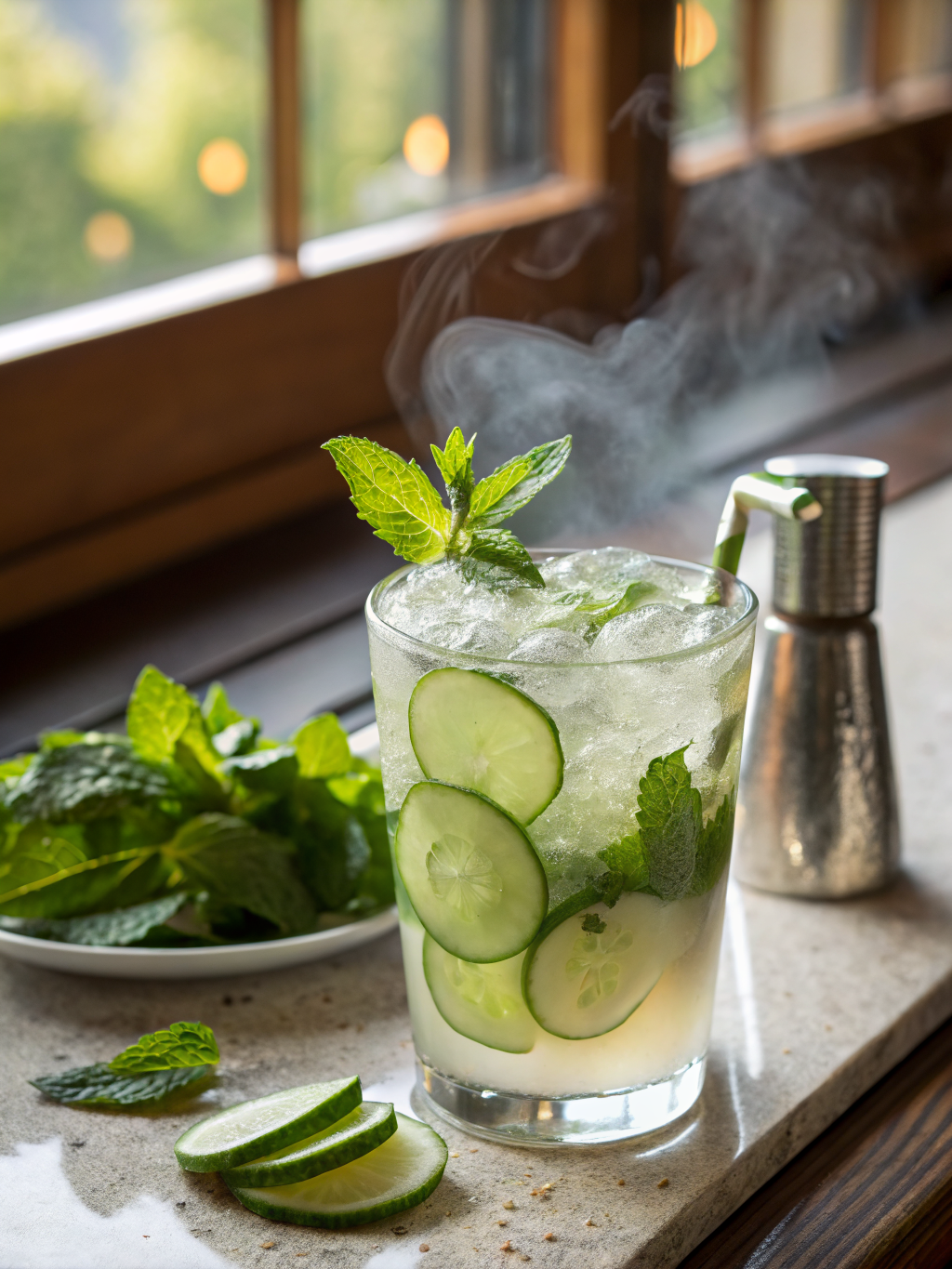 vasos altos con mojito sin alcohol, rodajas de pepino, hojas de menta fresca, hielo picado y burbujas visibles sobre una mesa clara