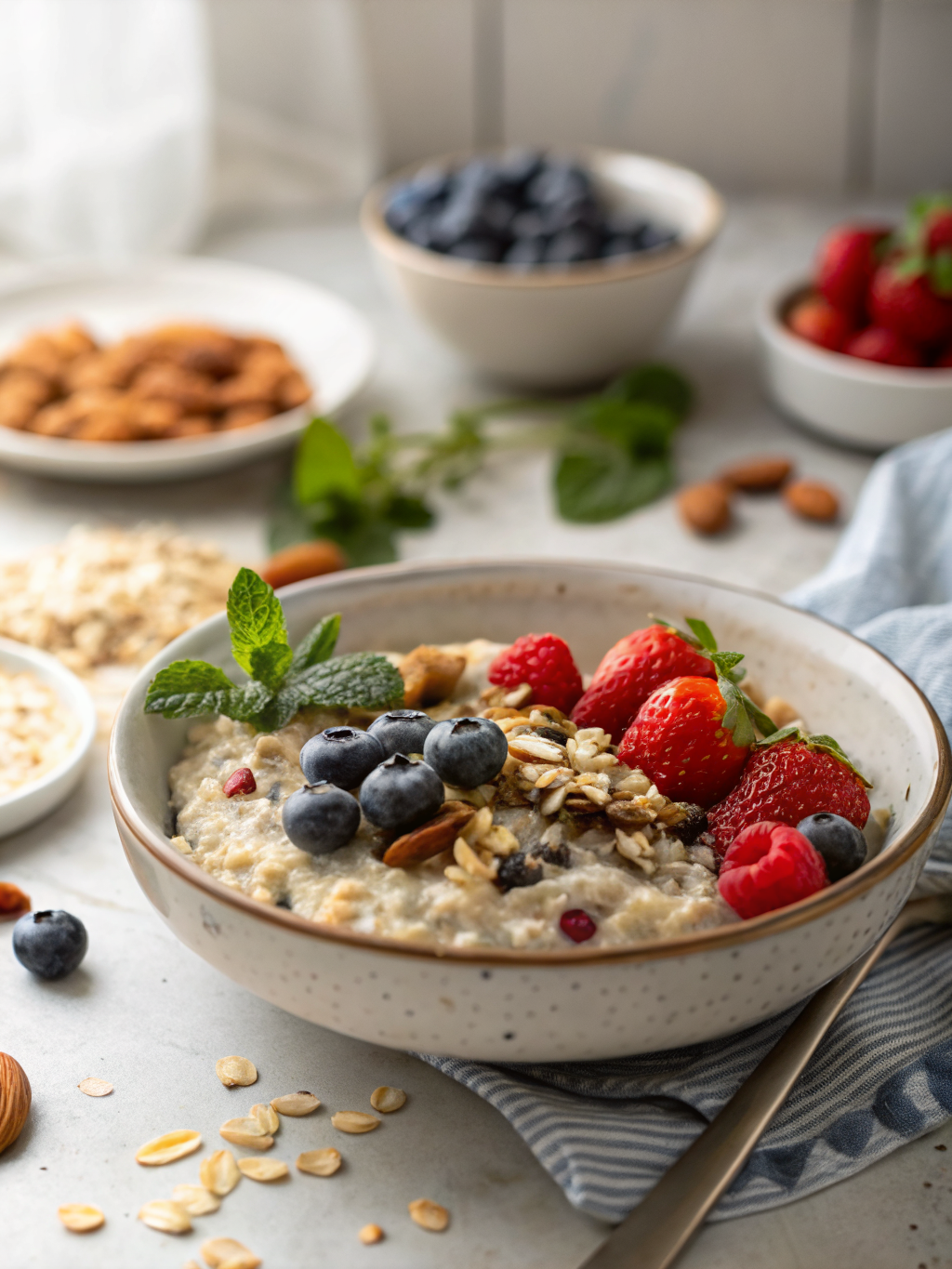 siete frascos de avena remojada con capas de yogur, fruta fresca de colores y frutos secos sobre una mesa clara
