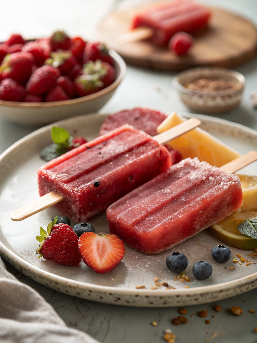 paletas heladas de mango, fresa y piña con vetas de yogur, hojas de menta y especias sobre una bandeja fría