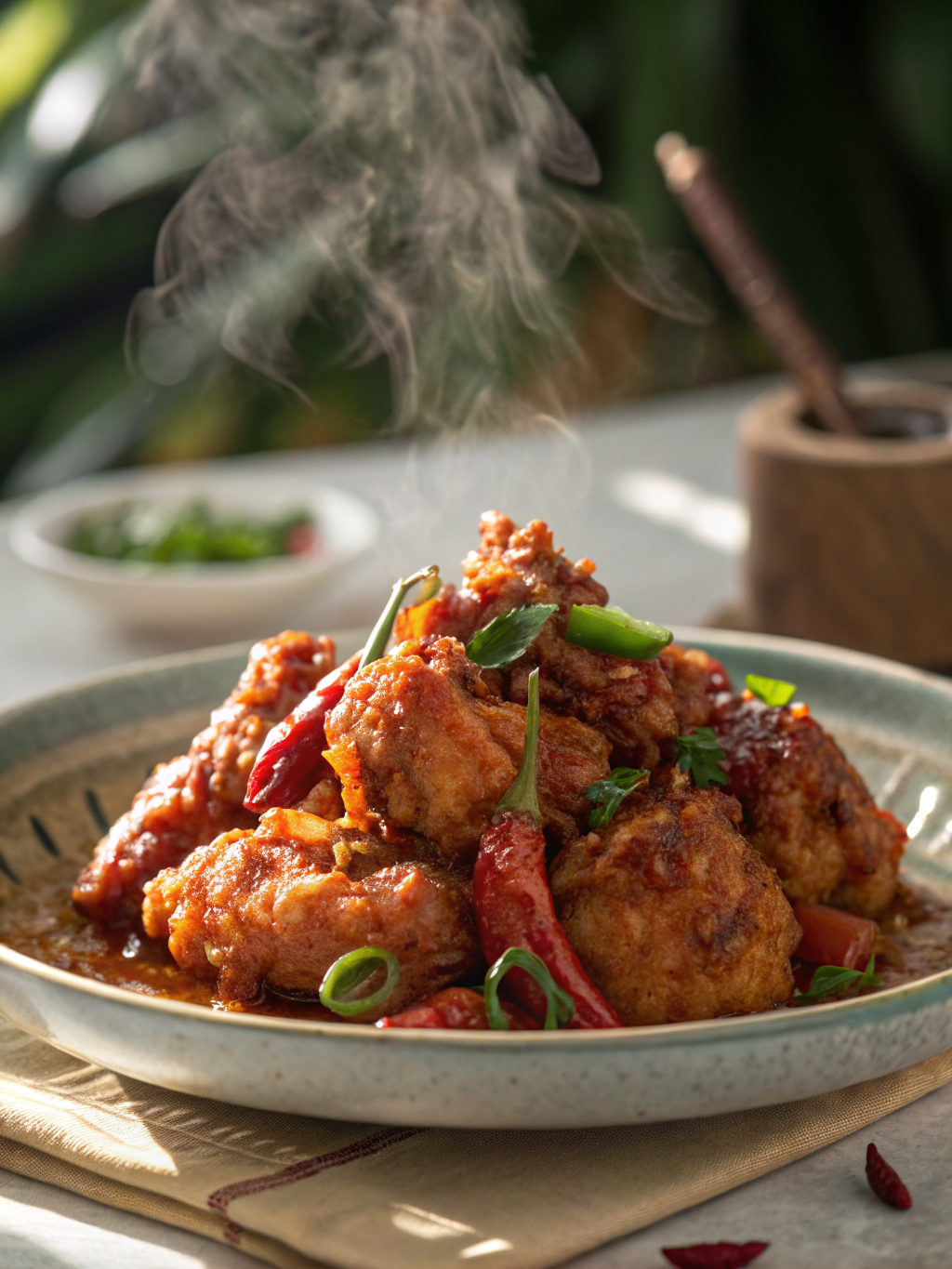 trozos de pollo frito dorado cubiertos con salsa dulce y picante, semillas de sésamo y cebollín sobre un plato oscuro