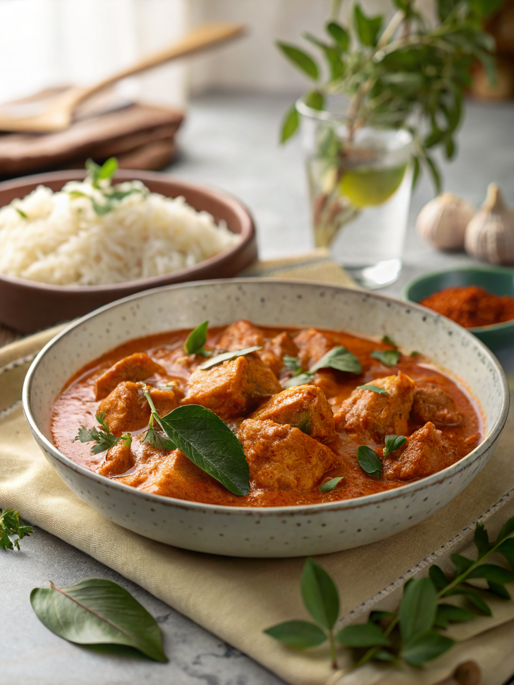 sartén con pollo tikka masala cremoso, salsa anaranjada, hojas de curry frescas y cilantro picado sobre la superficie