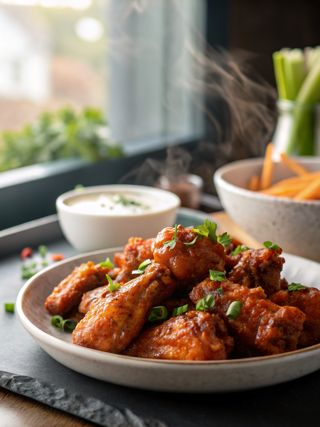 alitas doradas cubiertas con salsa dulce y picante brillante, servidas en un plato oscuro con rodajas de lima y semillas de sésamo