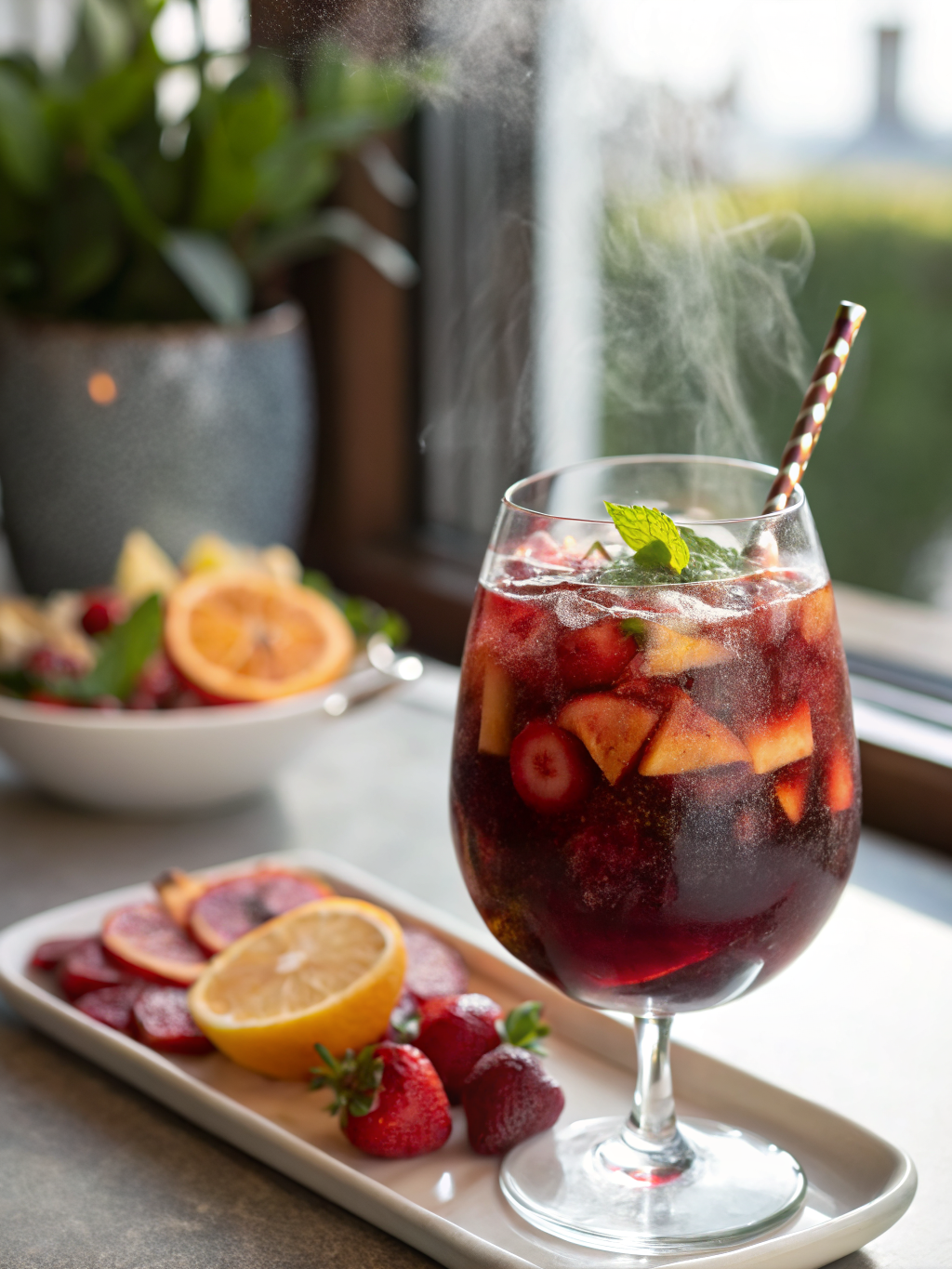 jarra de sangría sin alcohol con rodajas de naranja, limón, fresas, hojas de menta y vasos con hielo sobre una mesa clara