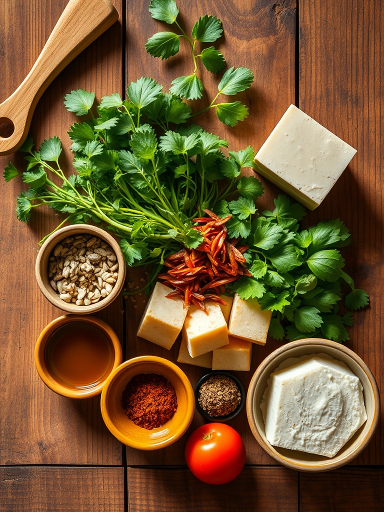 ingredientes japoneses para sopa de miso sobre una mesa con tofu en cubos, pasta de miso, alga wakame, shiitake, cebolleta y kombu