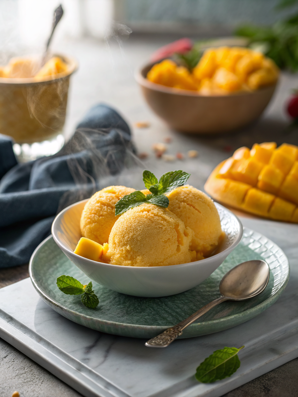copas de sorbete amarillo de mango con chile tajín espolvoreado, rodajas de limón y cubos de mango sobre una mesa clara
