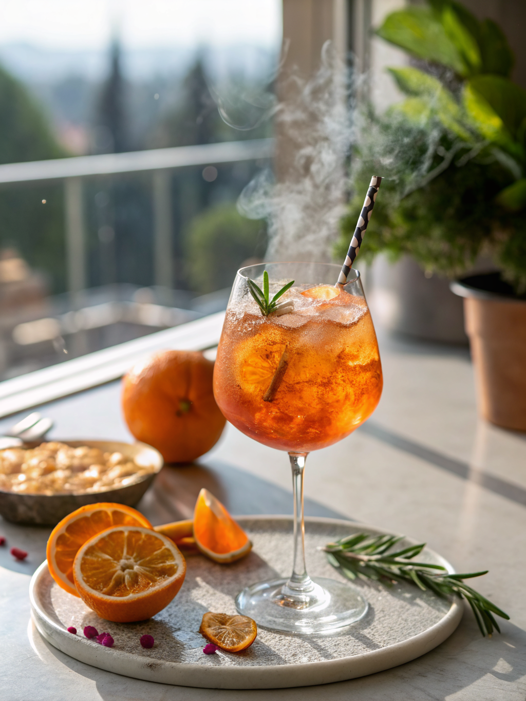 vasos altos con spritz de naranja sin alcohol, hielo, rodajas de naranja, menta fresca y burbujas sobre una mesa clara
