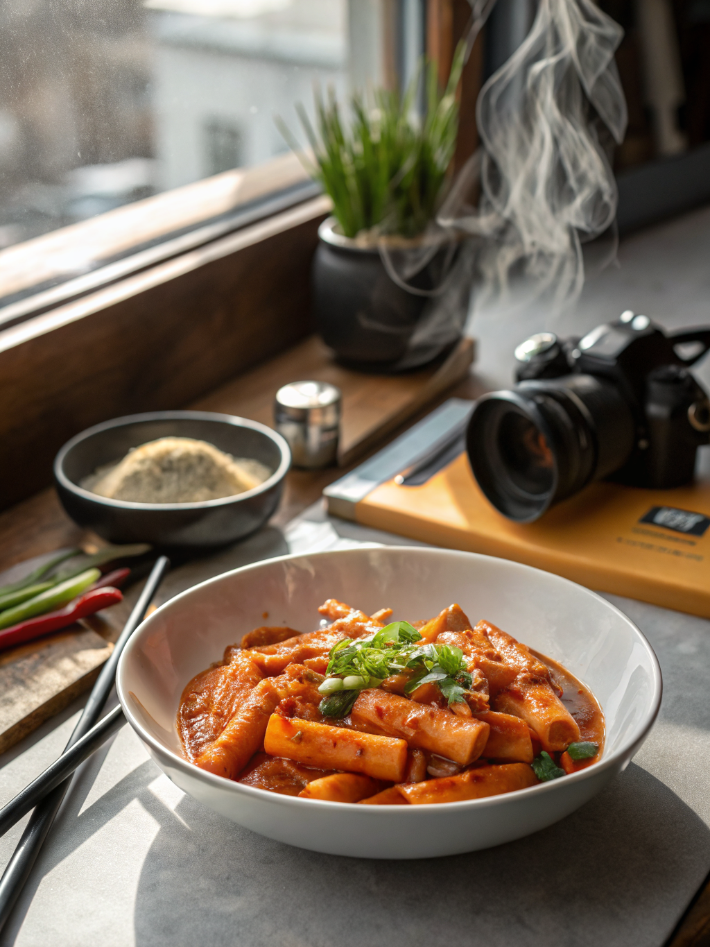 sartén negra con tteokbokki rojo brillante, huevos cocidos, cebollín y semillas de sésamo sobre una mesa clara