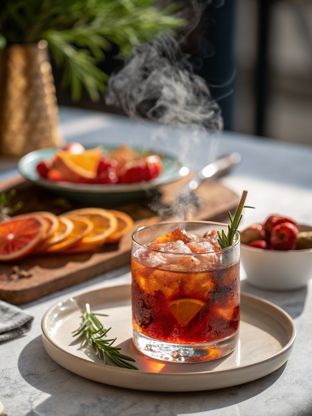vaso bajo con vermut rojizo sin alcohol, hielo, rodaja de naranja, rama de canela y hierbas sobre una mesa clara