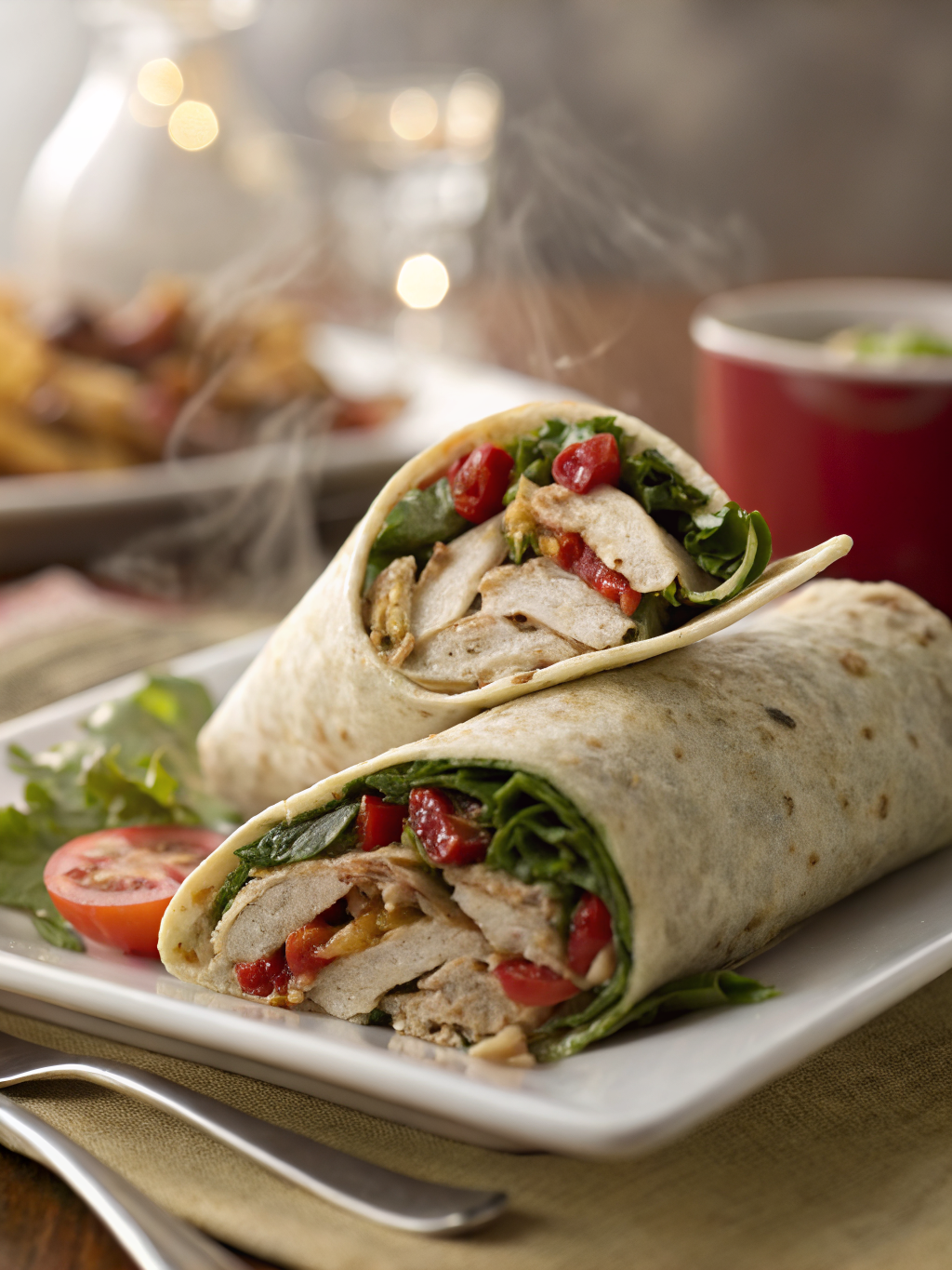 wraps integrales de pavo cortados por la mitad con lechuga, zanahoria, pepino y salsa cremosa sobre una tabla de madera
