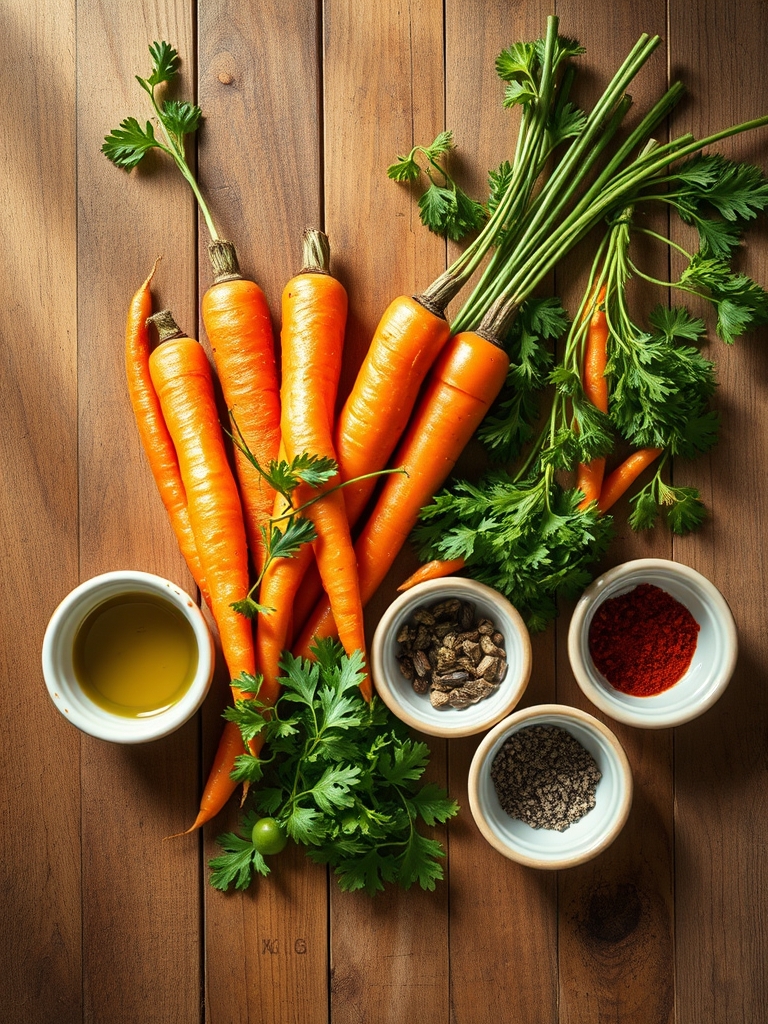 zanahorias frescas cortadas en bastones junto a ajo, jalapeño, jengibre, sal marina y especias sobre una mesa clara
